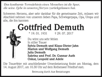 Traueranzeige von Gottfried Demuth  von Magdeburger Volksstimme