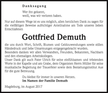 Traueranzeige von Gottfried Demuth  von Magdeburger Volksstimme