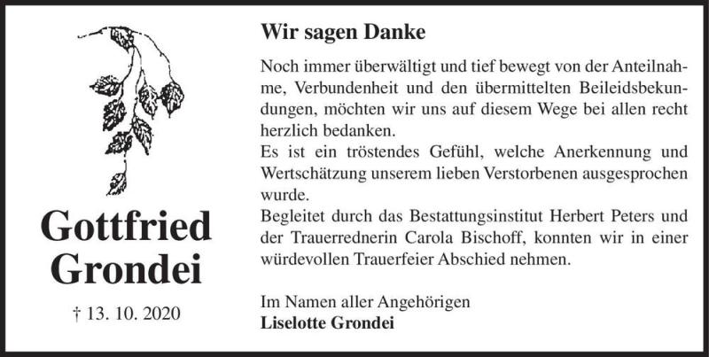  Traueranzeige für Gottfried Grondei  vom 13.11.2020 aus Magdeburger Volksstimme