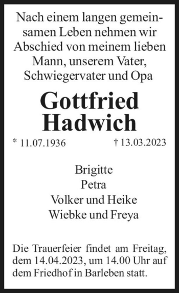 Traueranzeige von Gottfried Hadwich  von Magdeburger Volksstimme