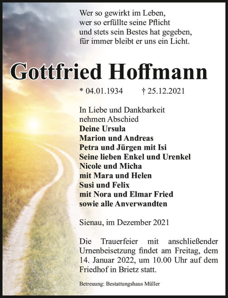  Traueranzeige für Gottfried Hoffmann  vom 29.12.2021 aus Magdeburger Volksstimme
