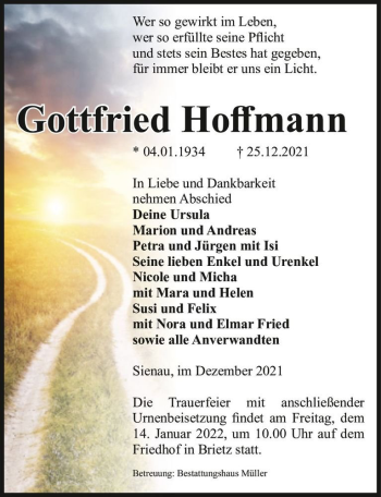 Traueranzeige von Gottfried Hoffmann  von Magdeburger Volksstimme