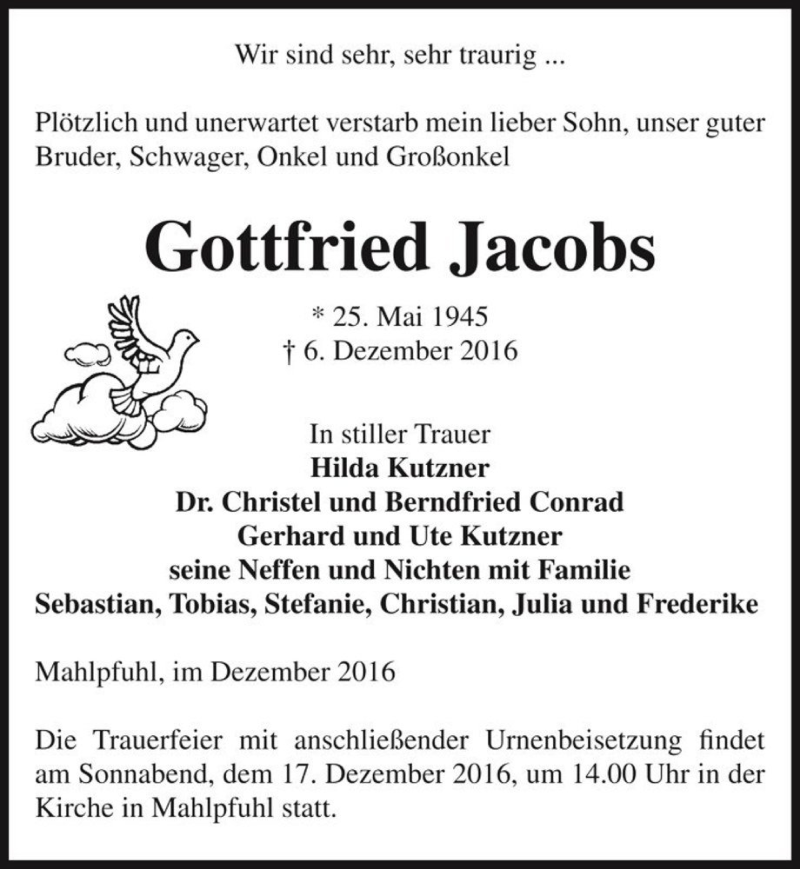  Traueranzeige für Gottfried Jacobs  vom 10.12.2016 aus Magdeburger Volksstimme