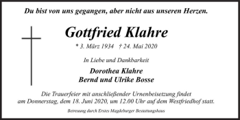 Traueranzeige von Gottfried Klahre  von Magdeburger Volksstimme