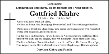 Traueranzeige von Gottfried Klahre  von Magdeburger Volksstimme