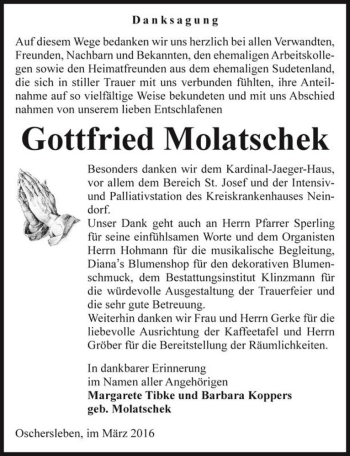Traueranzeige von Gottfried Molatschek  von Magdeburger Volksstimme