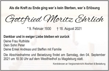 Traueranzeige von Gottfried Moritz Ehrlich  von Magdeburger Volksstimme