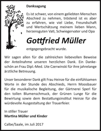Traueranzeige von Gottfried Müller  von Magdeburger Volksstimme