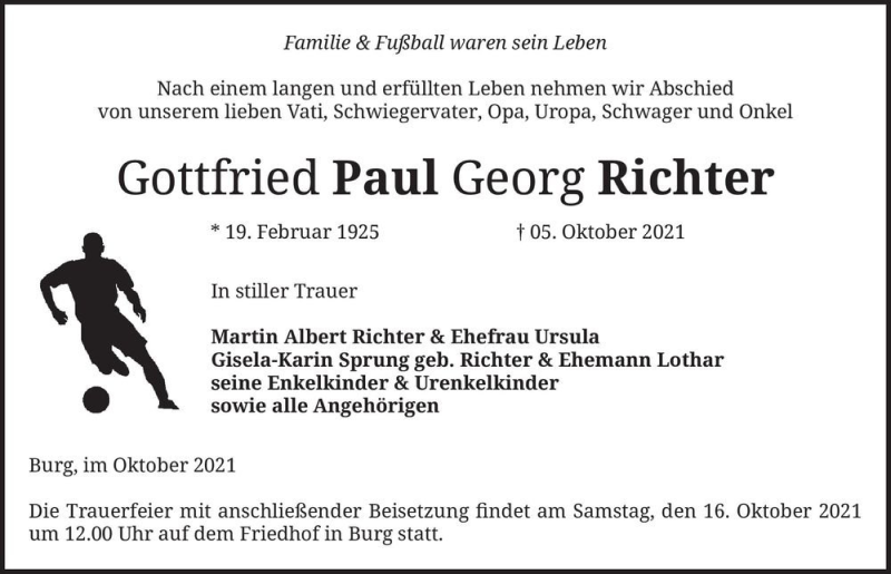  Traueranzeige für Gottfried Paul Georg Richter  vom 12.10.2021 aus Magdeburger Volksstimme