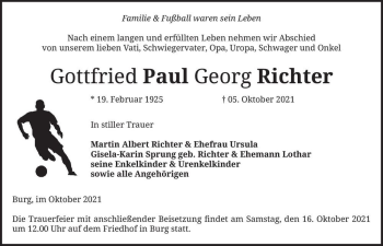 Traueranzeige von Gottfried Paul Georg Richter  von Magdeburger Volksstimme