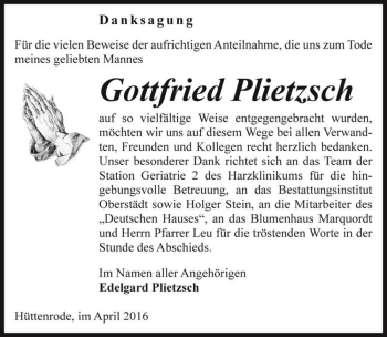 Traueranzeige von Gottfried Plietzsch  von Magdeburger Volksstimme