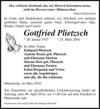 Traueranzeige von Gottfried Plietzsch  von Magdeburger Volksstimme