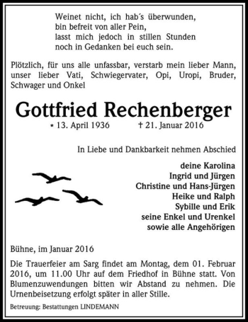 Traueranzeige von Gottfried Rechenberger  von Magdeburger Volksstimme