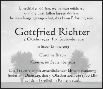 Traueranzeige von Gottfried Richter  von Magdeburger Volksstimme