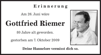 Traueranzeige von Gottfried Riemer  von Magdeburger Volksstimme