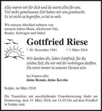 Traueranzeige von Gottfried Riese  von Magdeburger Volksstimme