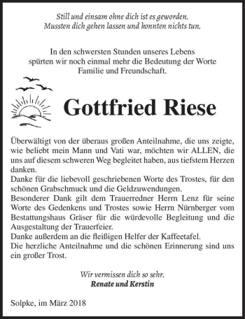 Traueranzeige von Gottfried Riese  von Magdeburger Volksstimme