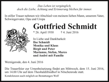 Traueranzeige von Gottfried Schmidt  von Magdeburger Volksstimme