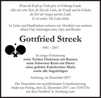 Traueranzeige von Gottfried Streek  von Magdeburger Volksstimme
