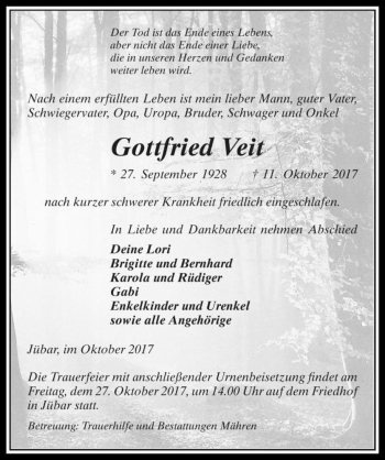 Traueranzeige von Gottfried Veit  von Magdeburger Volksstimme