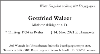 Traueranzeige von Gottfried Walzer  von Magdeburger Volksstimme