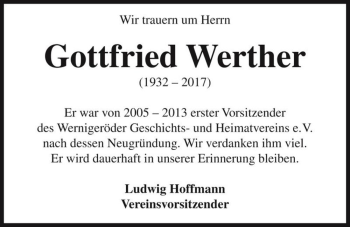 Traueranzeige von Gottfried Werther  von Magdeburger Volksstimme