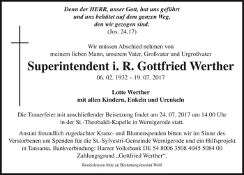 Traueranzeige von Gottfried Werther  von Magdeburger Volksstimme
