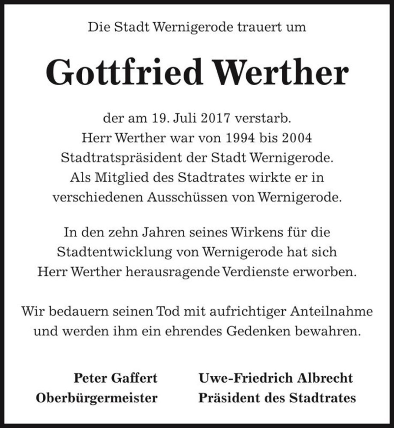 Traueranzeige für Gottfried Werther  vom 05.08.2017 aus Magdeburger Volksstimme