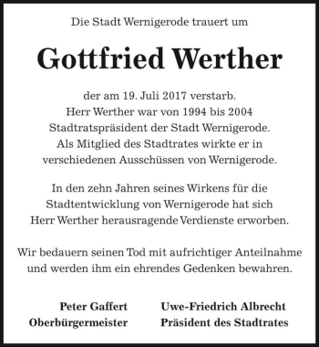 Traueranzeige von Gottfried Werther  von Magdeburger Volksstimme