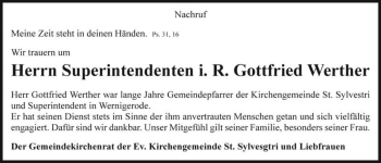 Traueranzeige von Gottfried Werther  von Magdeburger Volksstimme
