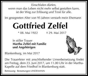Traueranzeige von Gottfried Zelfel  von Magdeburger Volksstimme