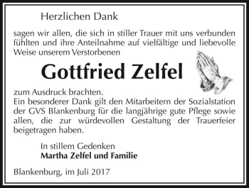 Traueranzeige von Gottfried Zelfel  von Magdeburger Volksstimme