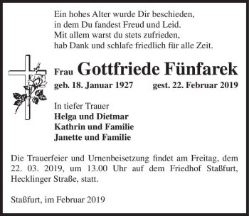 Traueranzeige von Gottfriede Fünfarek  von Magdeburger Volksstimme