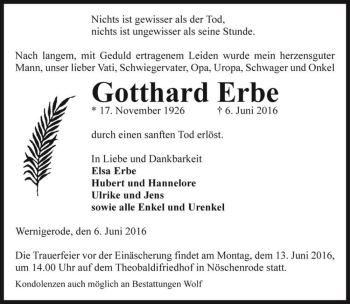 Traueranzeige von Gotthard Erbe  von Magdeburger Volksstimme