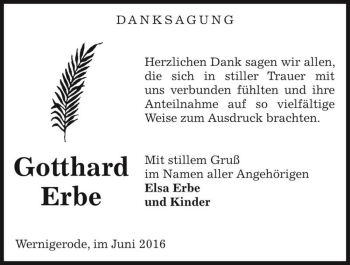 Traueranzeige von Gotthard Erbe  von Magdeburger Volksstimme