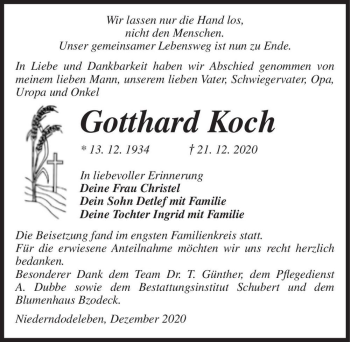 Traueranzeige von Gotthard Koch  von Magdeburger Volksstimme