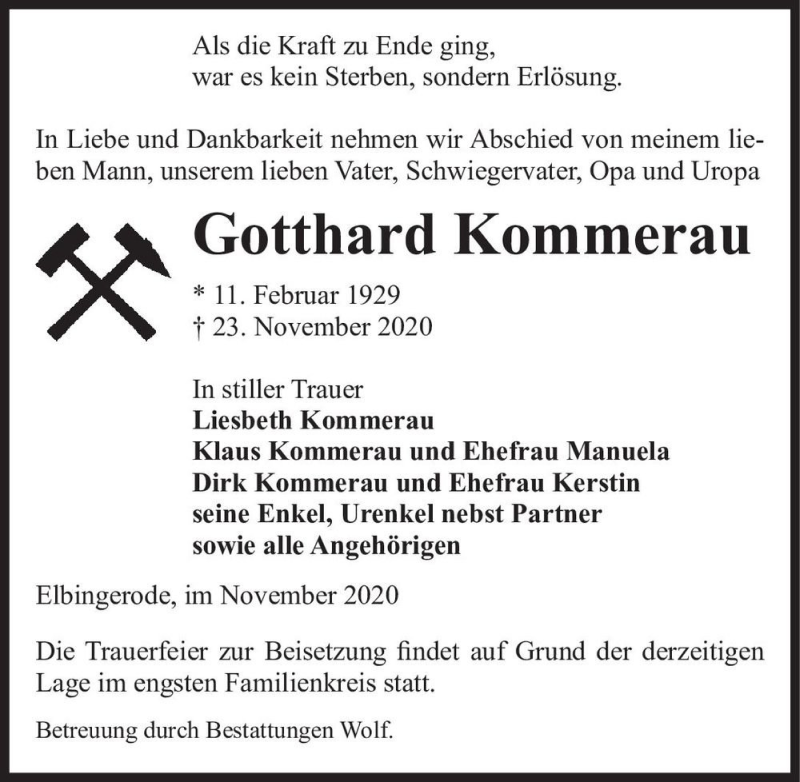  Traueranzeige für Gotthard Kommerau  vom 28.11.2020 aus Magdeburger Volksstimme
