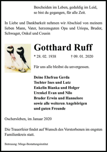 Traueranzeige von Gotthard Ruff  von Magdeburger Volksstimme