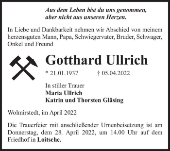 Traueranzeige von Gotthard Ullrich  von Magdeburger Volksstimme