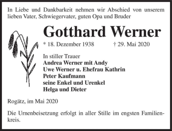Traueranzeige von Gotthard Werner  von Magdeburger Volksstimme
