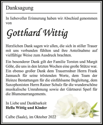 Traueranzeige von Gotthard Wittig  von Magdeburger Volksstimme
