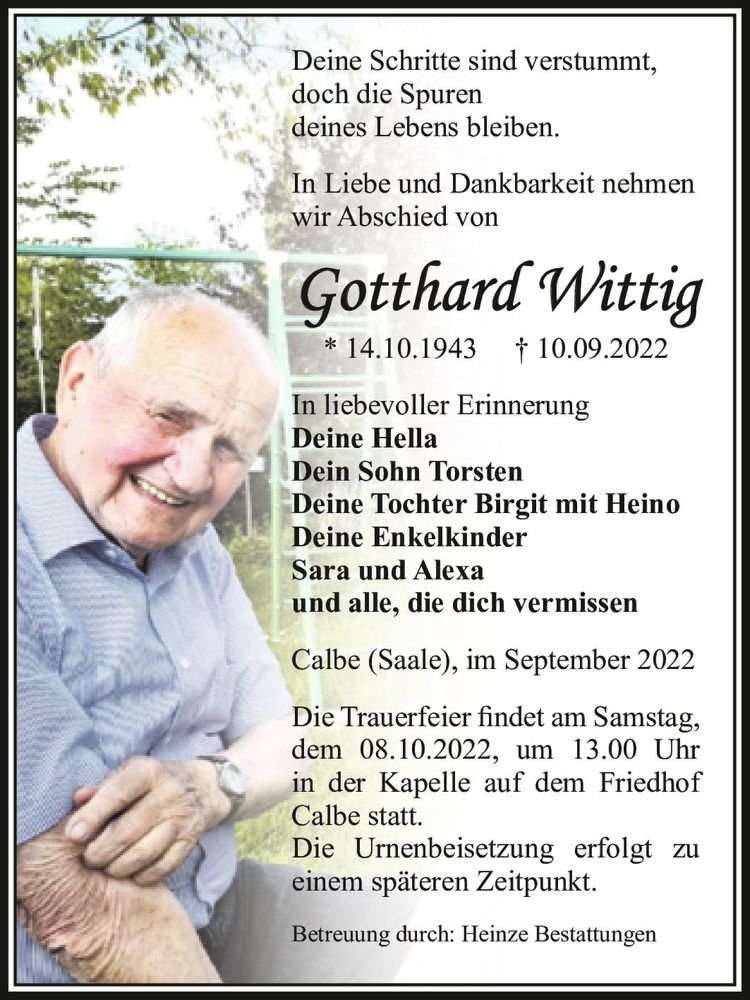 Traueranzeige für Gotthard Wittig  vom 17.09.2022 aus Magdeburger Volksstimme