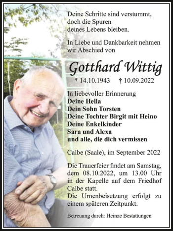 Traueranzeige von Gotthard Wittig  von Magdeburger Volksstimme