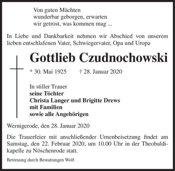 Traueranzeige von Gottlieb Czudnachowski  von Magdeburger Volksstimme