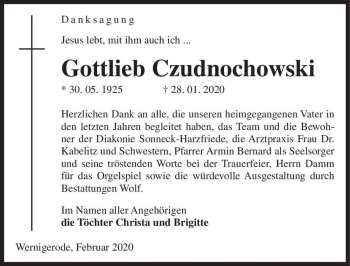 Traueranzeige von Gottlieb Czudnochowski  von Magdeburger Volksstimme