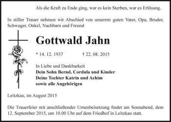 Traueranzeige von Gottwald Jahn  von Magdeburger Volksstimme