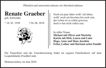 Traueranzeige von Graeber Renate (geb. Schwenke)  von Magdeburger Volksstimme