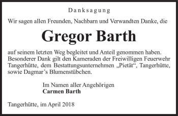Traueranzeige von Gregor Barth  von Magdeburger Volksstimme
