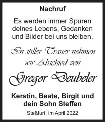 Traueranzeige von Gregor Deubeler  von Magdeburger Volksstimme