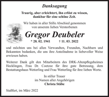 Traueranzeige von Gregor Deubeler  von Magdeburger Volksstimme